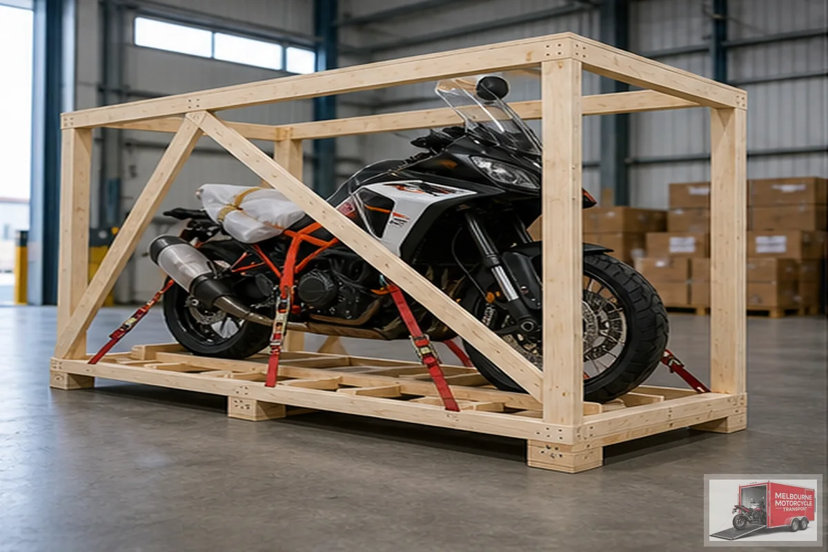 Crated motorcycle prepared for international freight in warehouse
