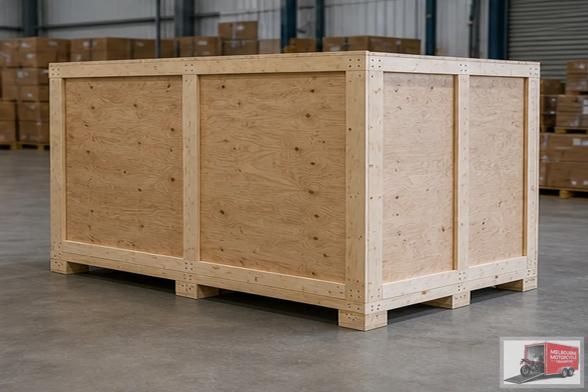 Fully enclosed plywood motorcycle crate ready for export