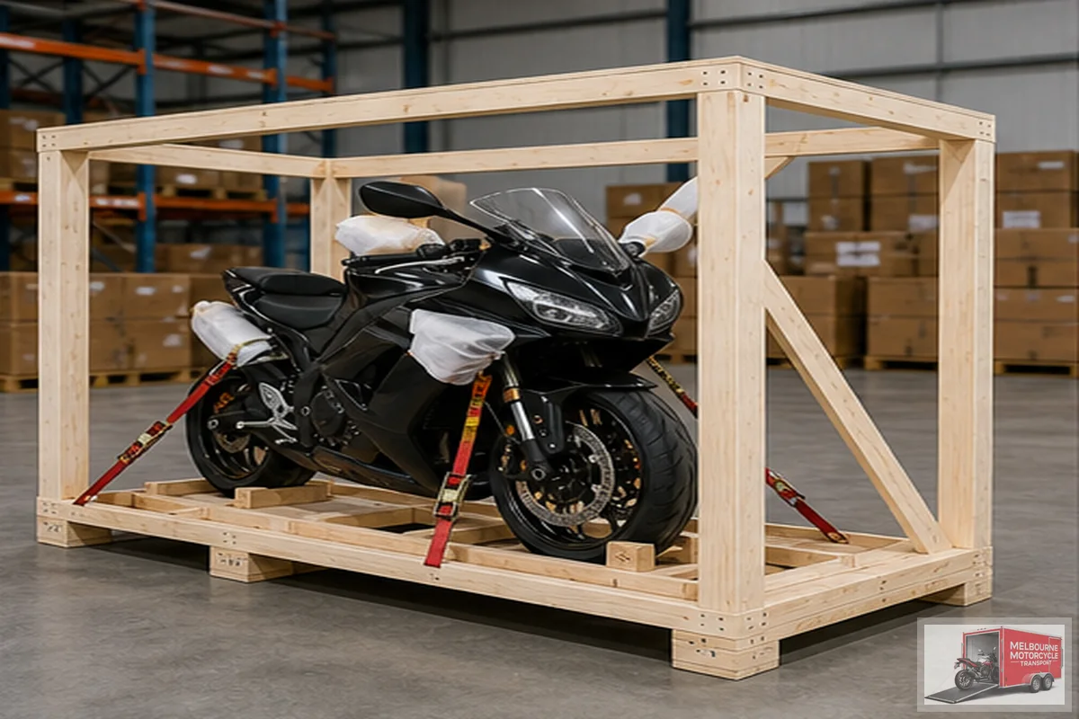 Motorcycle secured in open timber export crate with tie-downs