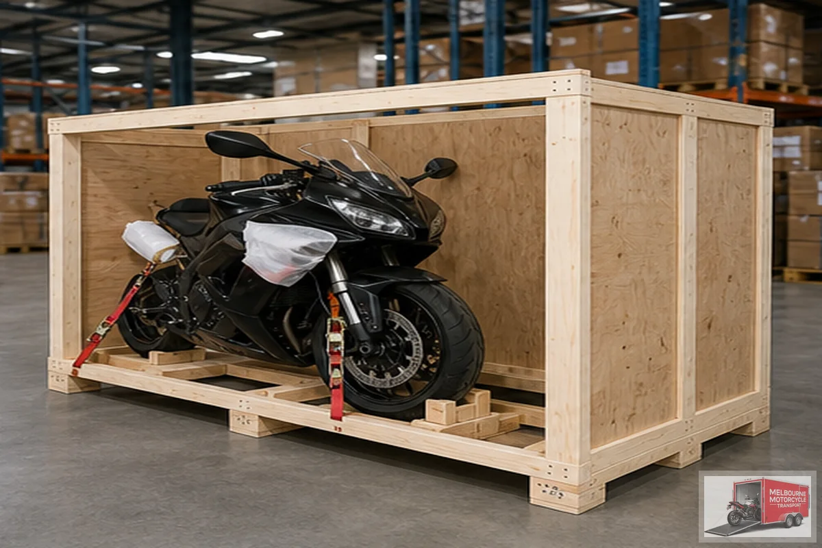 Motorcycle crate with plywood side walls fitted for international shipping