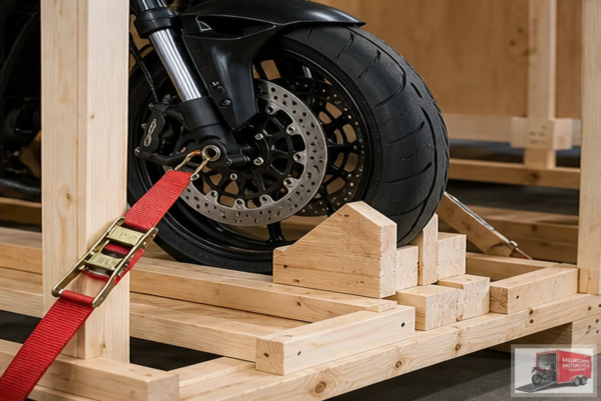 Close up of motorcycle tie-down straps and wheel chock in export crate
