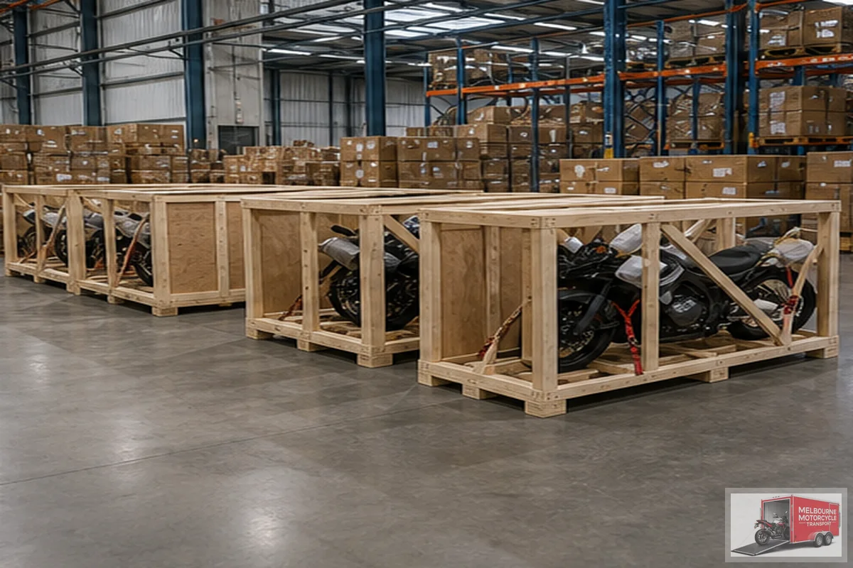 Multiple motorcycle export crates prepared in warehouse for dispatch