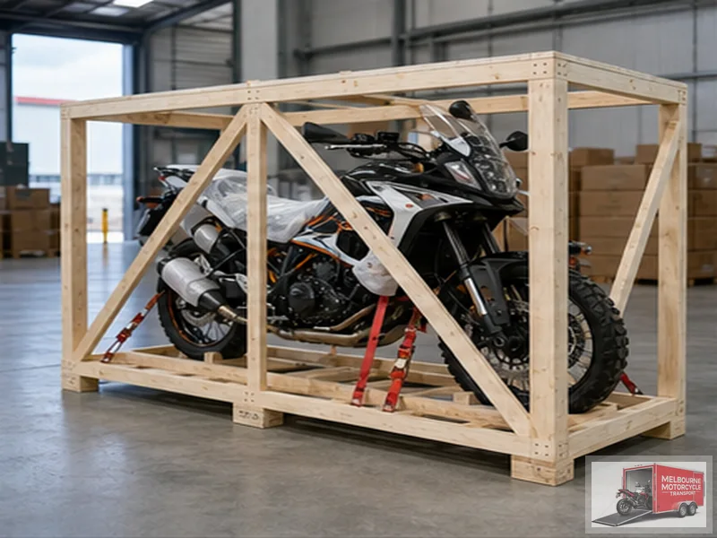 Adventure bike secured in timber crate for international motorcycle shipping from Australia