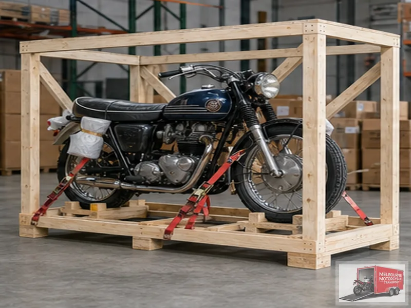 Classic motorcycle protected in timber crate for international shipping