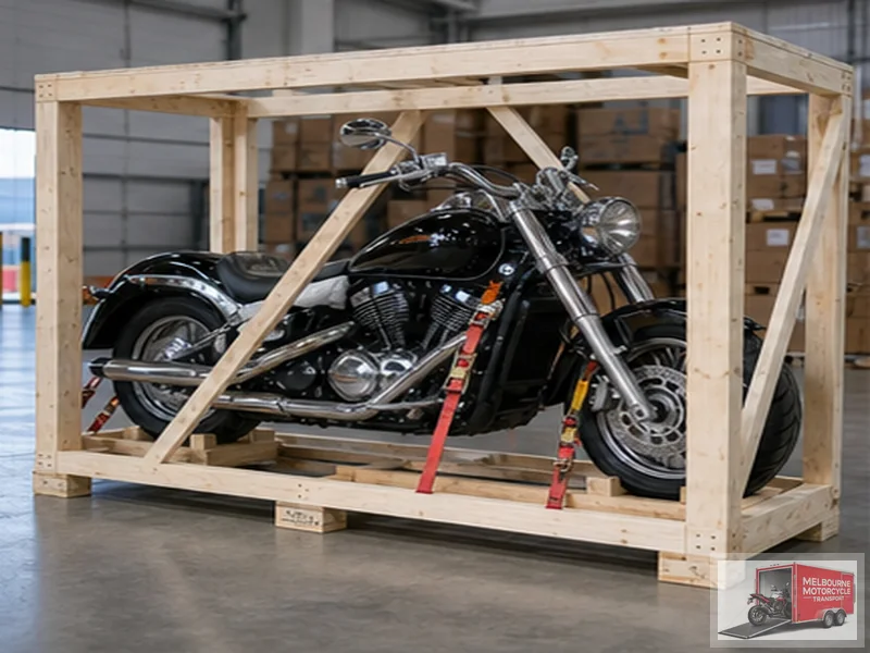 Cruiser motorcycle secured in timber export crate for overseas shipping