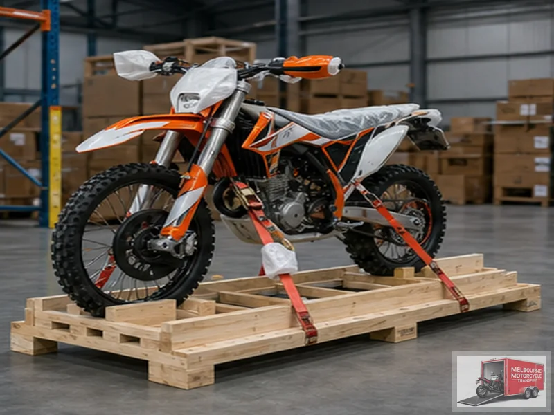 Dirt bike strapped to timber crate base for overseas shipping