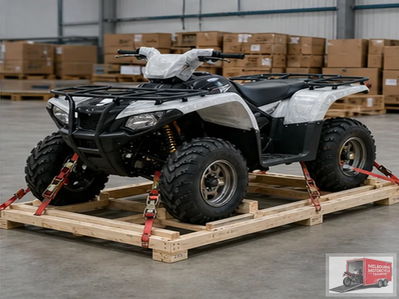 Quad bike secured on timber crate base for international shipping