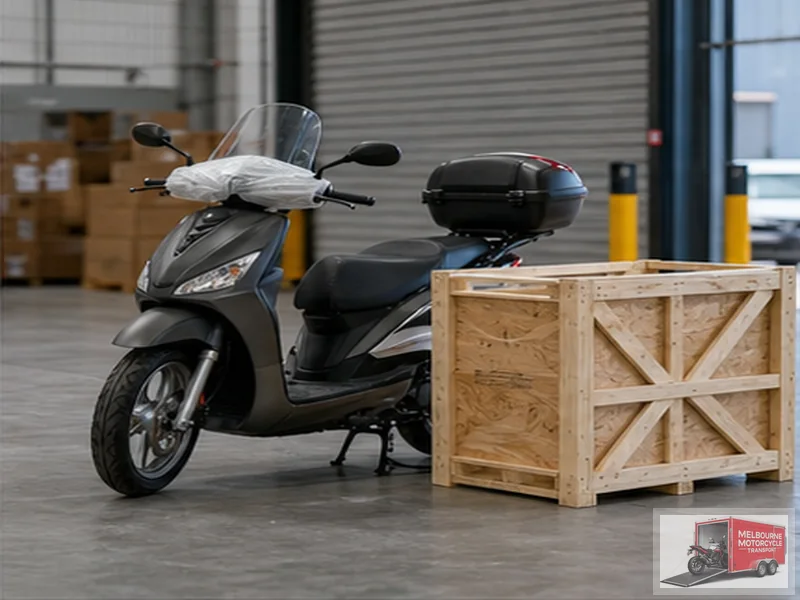 Scooter prepared beside compact timber crate for international shipping