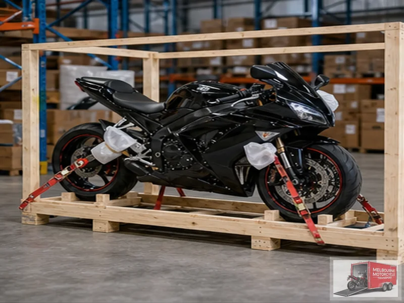 Sports bike strapped in open timber crate for international motorcycle shipping