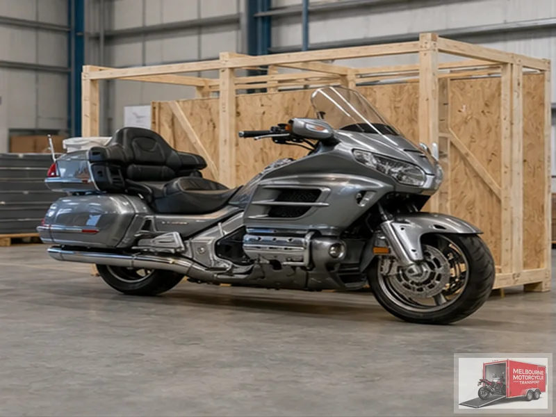 Touring motorcycle prepared beside timber crate for overseas shipping