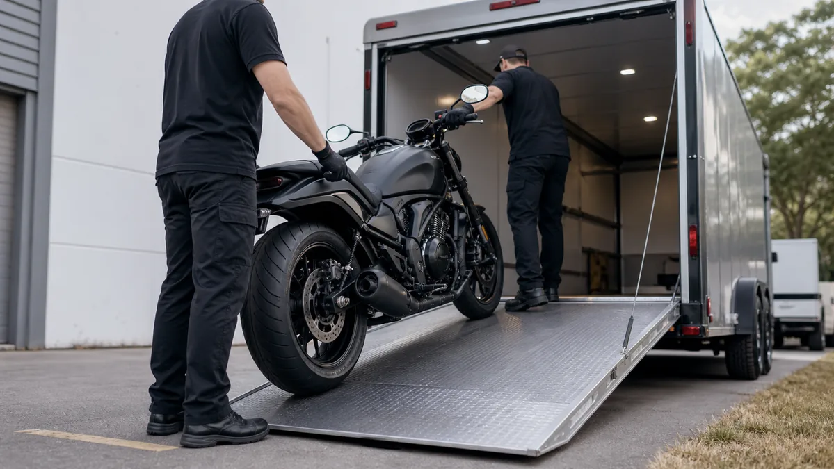 Transport team carefully loading a motorcycle into an enclosed transport vehicle