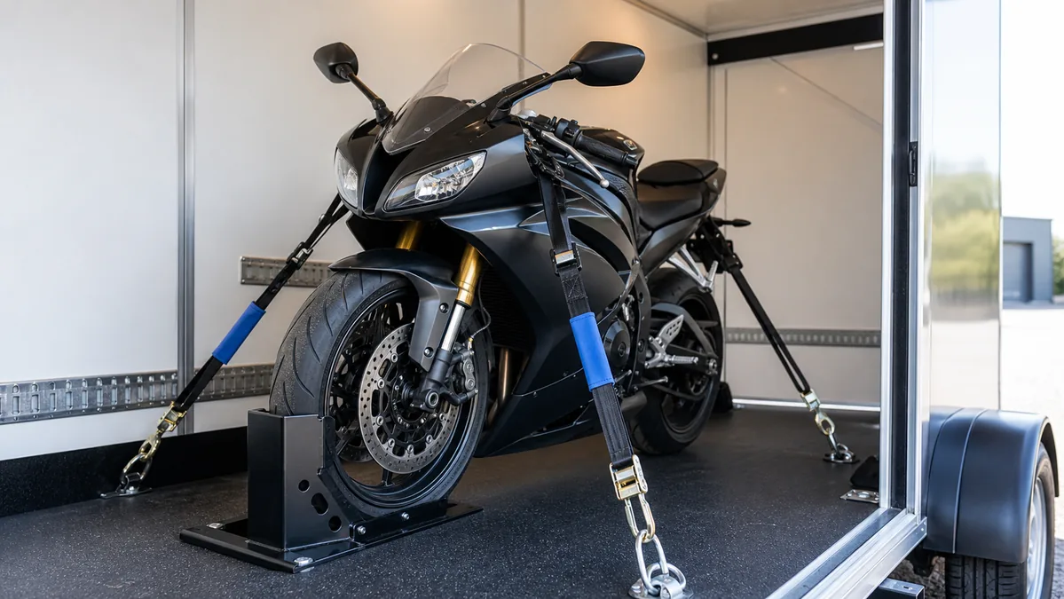 Motorcycle secured inside an enclosed transport vehicle with wheel chock and tie-down straps