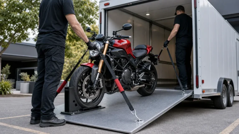 Red sports motorcycle being secured on a ramp with wheel chock and tie-down straps