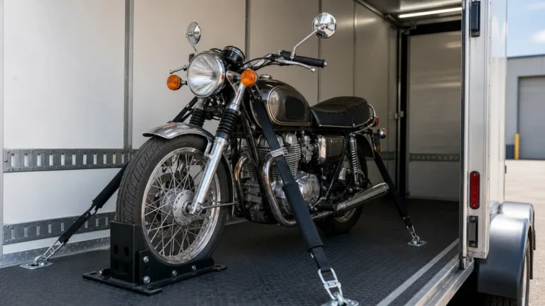 Classic motorcycle secured inside enclosed transport trailer for interstate delivery