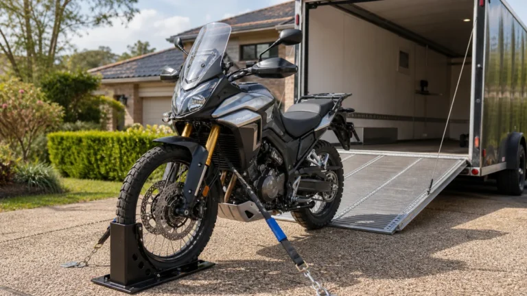 Adventure motorcycle secured with a wheel chock and tie-down straps for regional delivery
