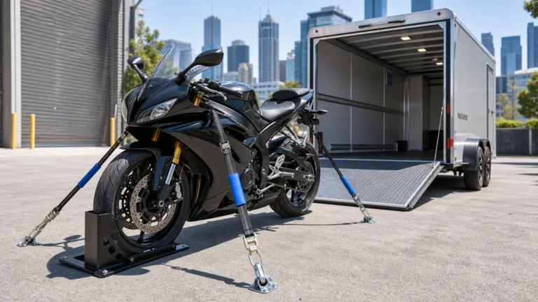 Yamaha style motorcycle secured with tie-down straps for local motorcycle transport