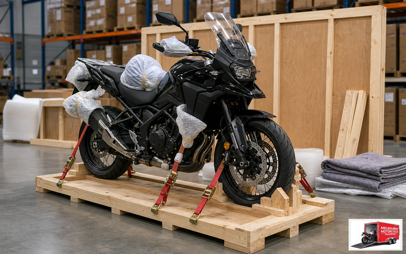 Motorcycle secured on timber pallet base during export preparation with tie-down straps and protective padding