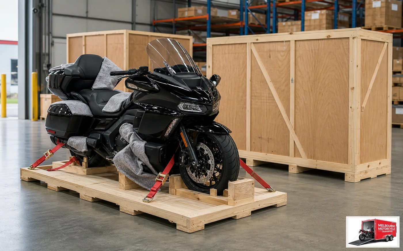 Motorcycle prepared on timber pallet for international export freight